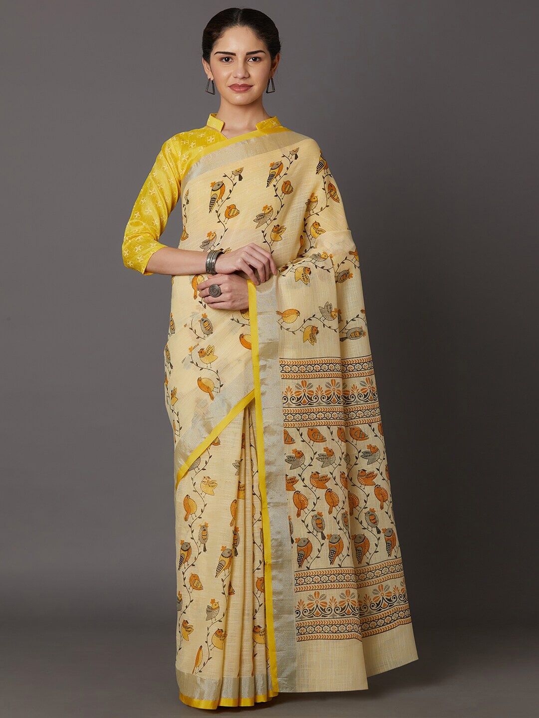 

Mitera Peach-Coloured & Red Zari Linen Blend Bomkai silk Saree