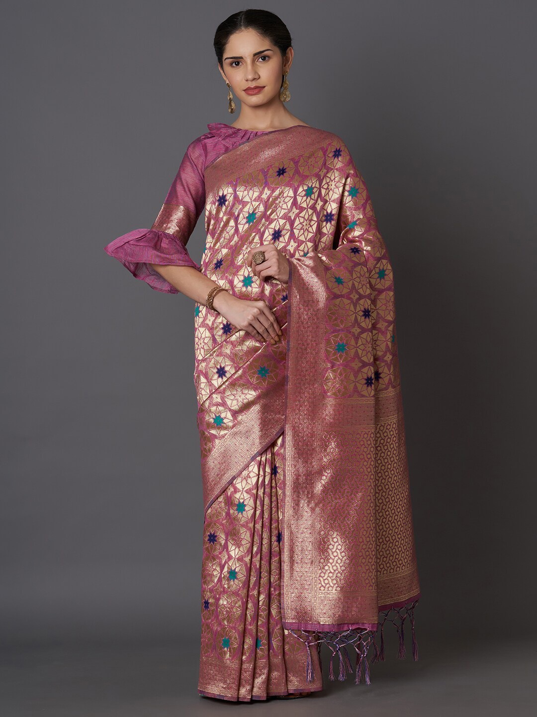 

Mitera Pink & Gold-Toned Woven Design Zari Silk Blend Kasavu Saree