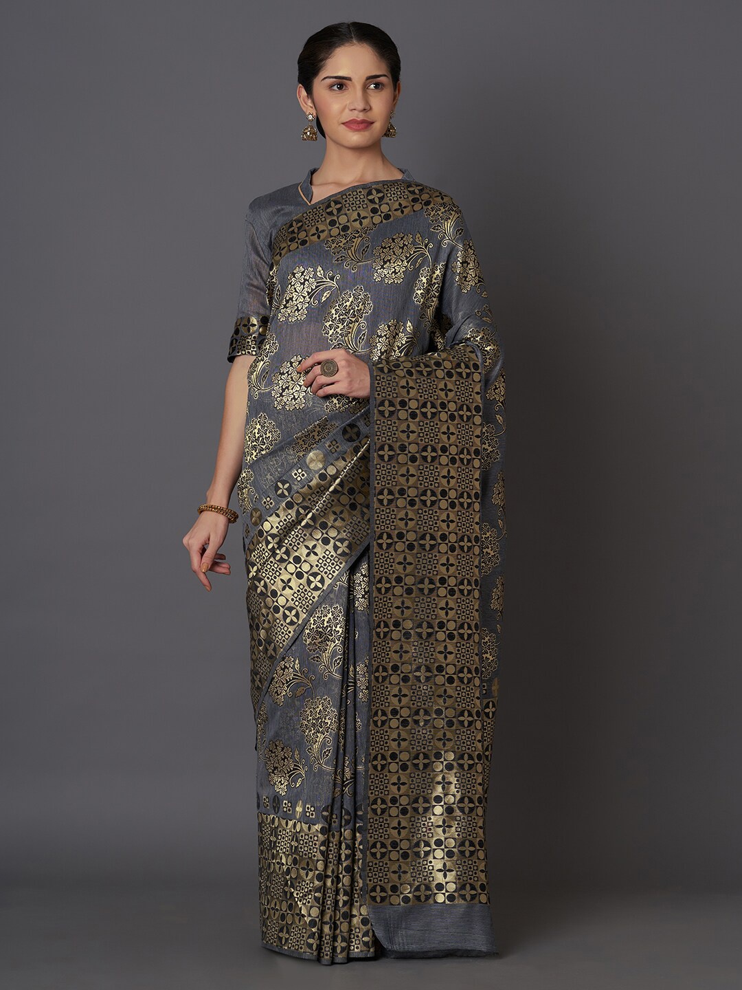 

Mitera Grey & Gold-Toned Ethnic Motifs Zari Silk Blend Kasavu Saree