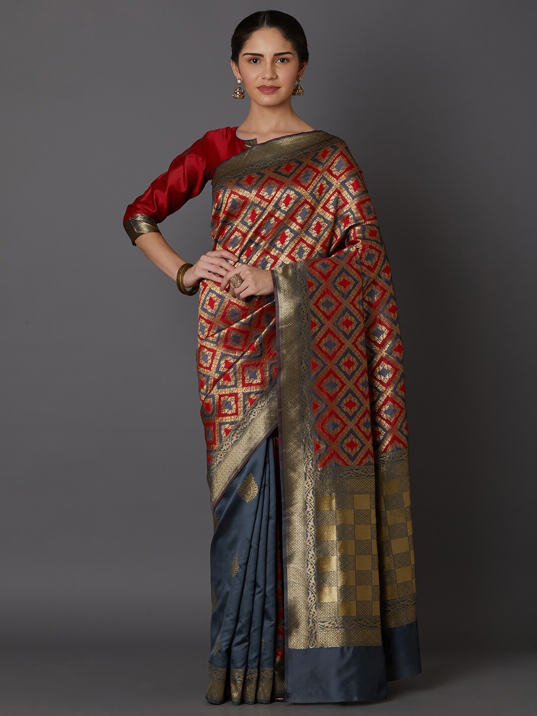 

Mitera Charcoal & Red Floral Zari Silk Blend Kanjeevaram Saree