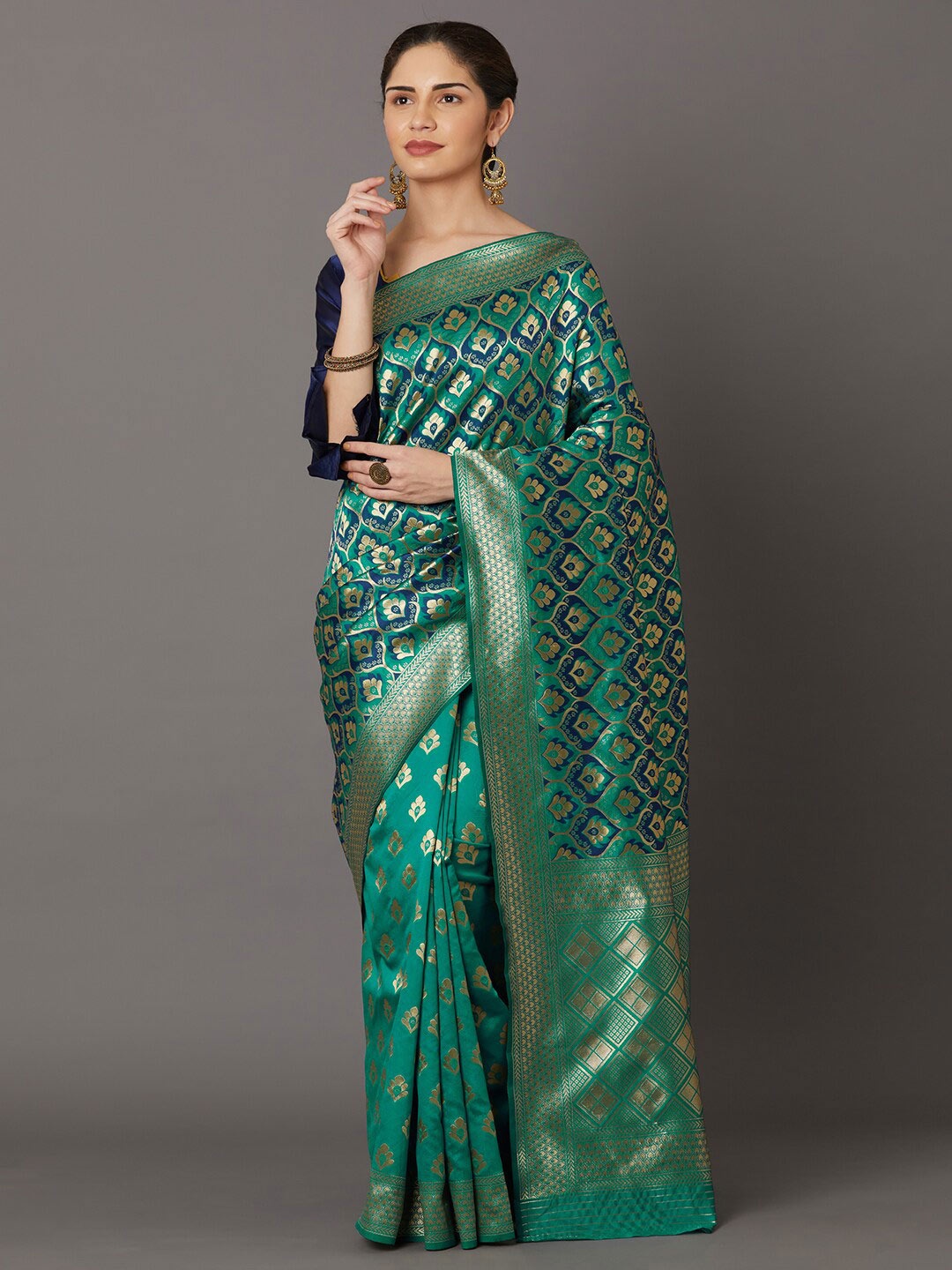 

Mitera Blue & Green Floral Zari Silk Blend Kanjeevaram Saree