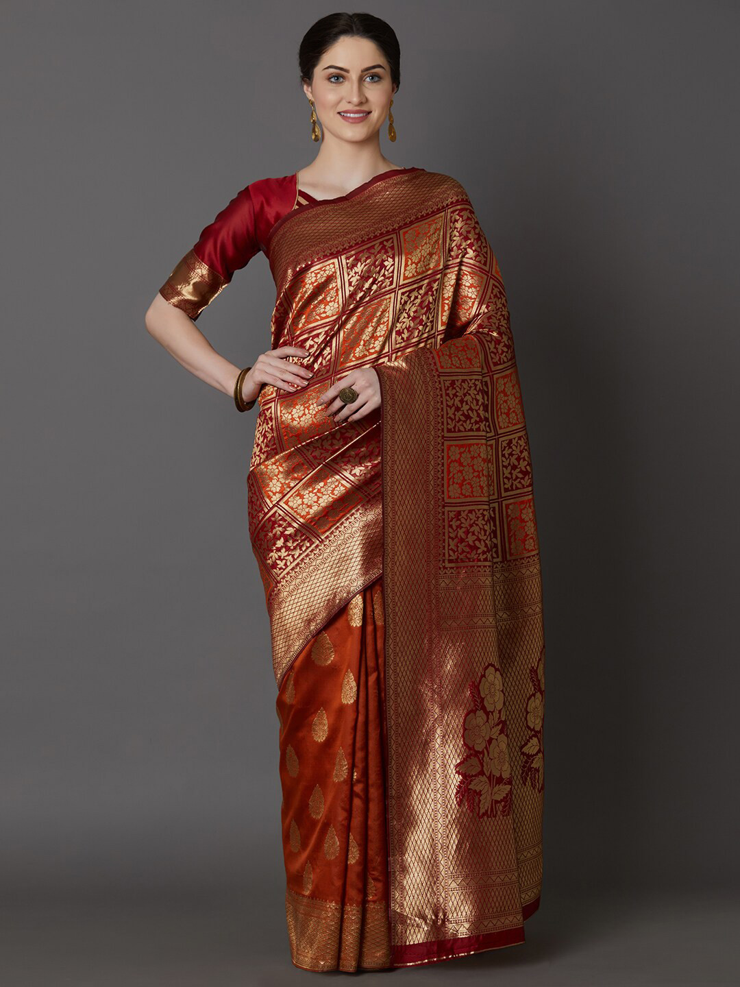 

Mitera Red & Gold-Toned Ethnic Motifs Zari Khandua Silk Dharmavaram Saree