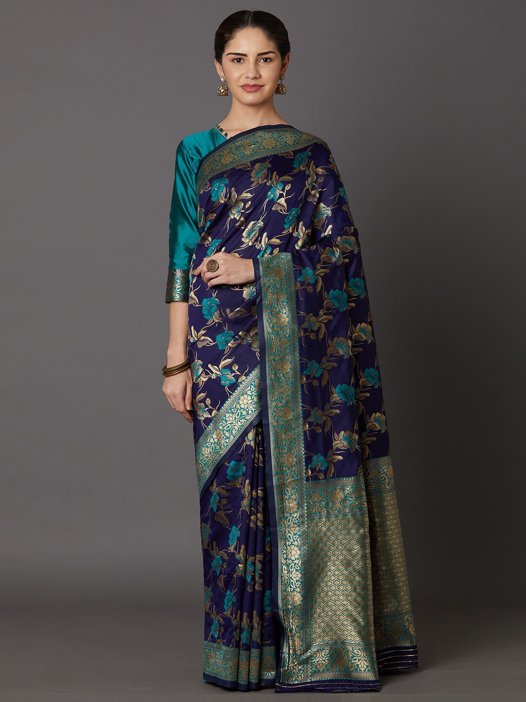 

Mitera Navy Blue & Gold-Toned Woven Design Khandua Silk Dharmavaram Saree