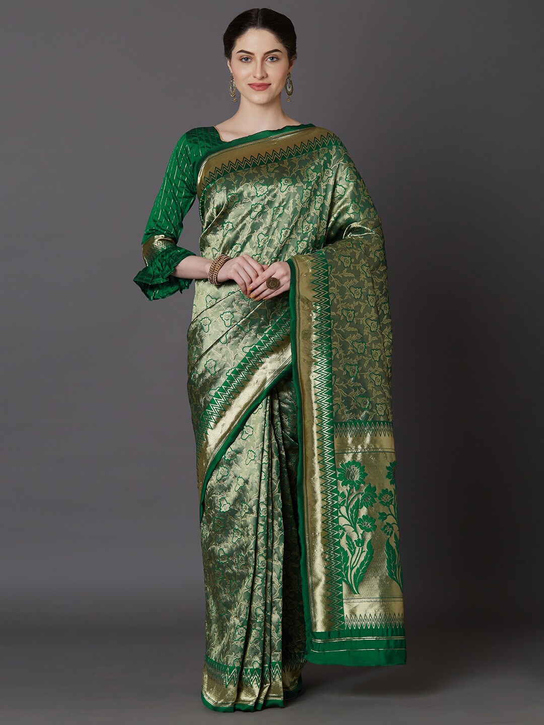 

Mitera Green & Gold-Toned Woven Design Zari Art Silk Banarasi Saree