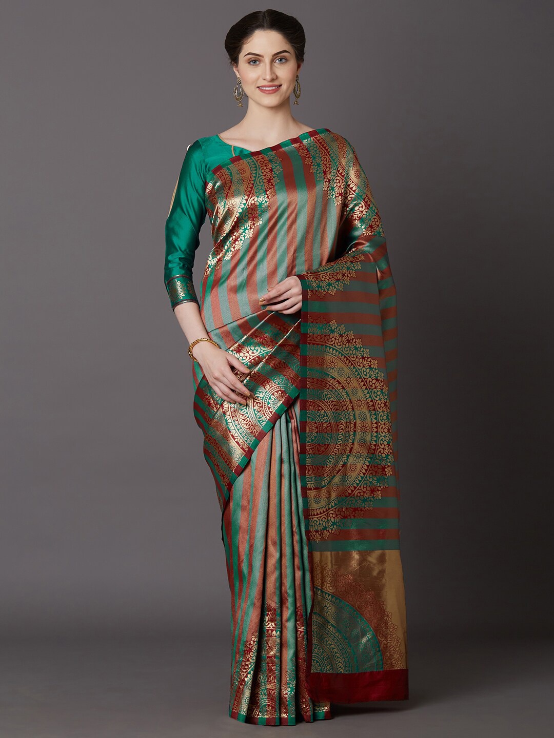 

Mitera Teal & Red Ethnic Motifs Zari Art Silk Banarasi Saree