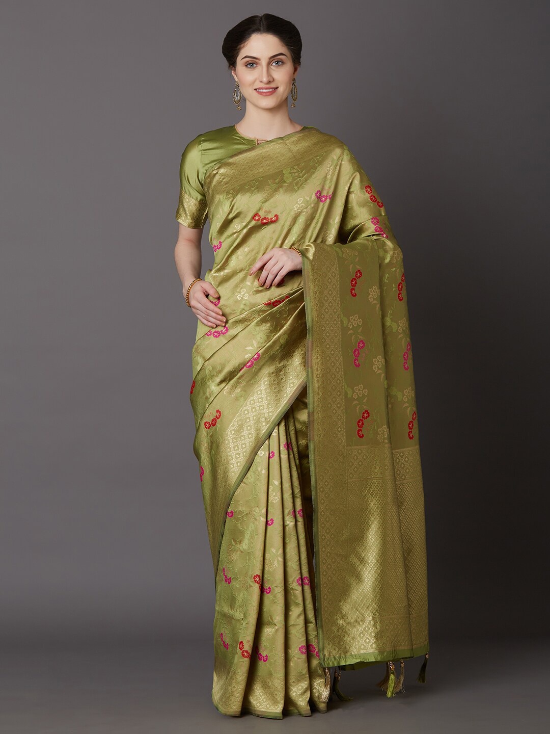 

Mitera Women Olive Green & Gold-Toned Floral Zari Art Silk Banarasi Saree
