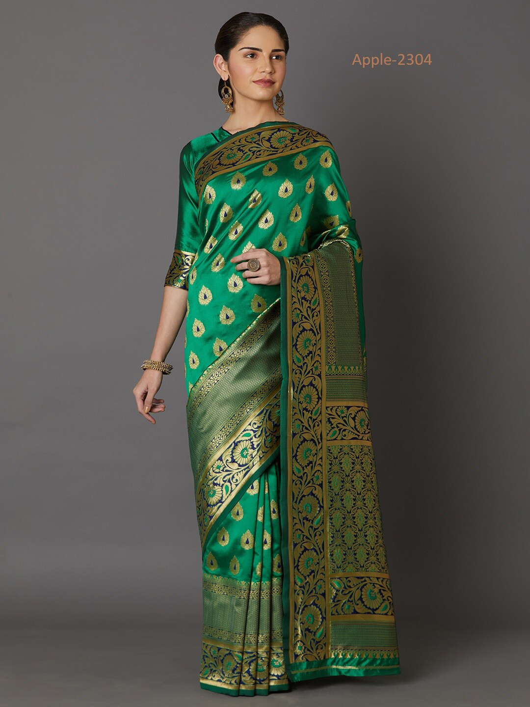 

Mitera Green & Gold-Toned Woven Design Art Silk Banarasi Saree