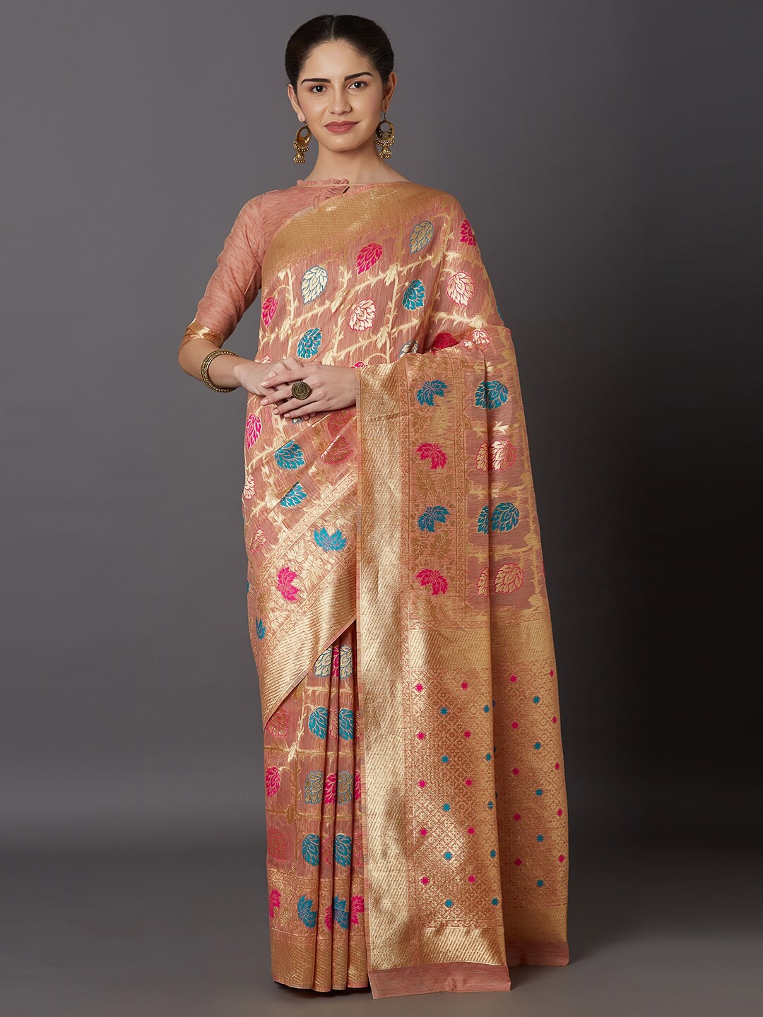 

Mitera Teal & Gold-Toned Floral Zari Khandua Silk Dharmavaram Saree
