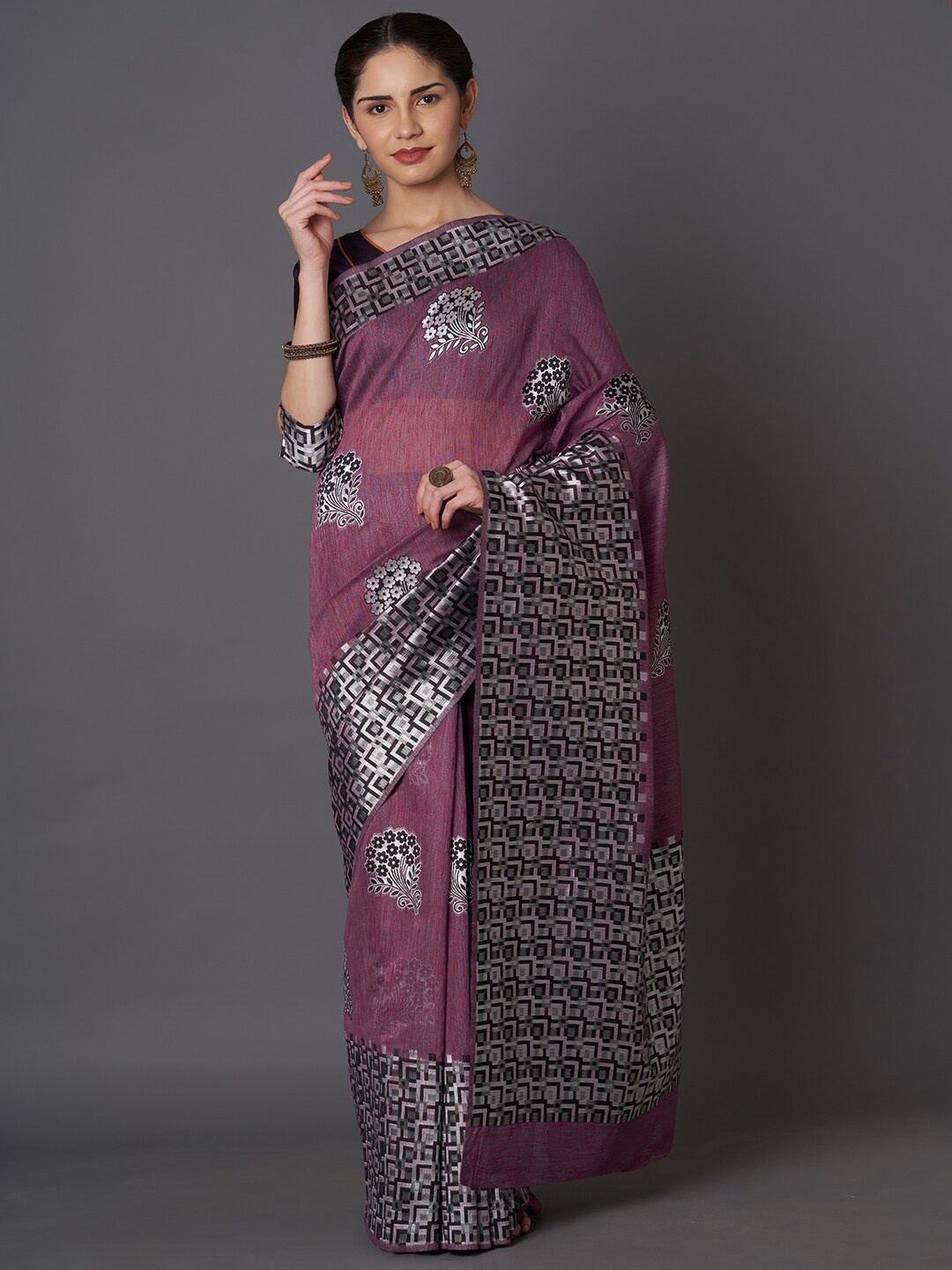 

Mitera Purple Floral Silk Blend Kasavu Saree