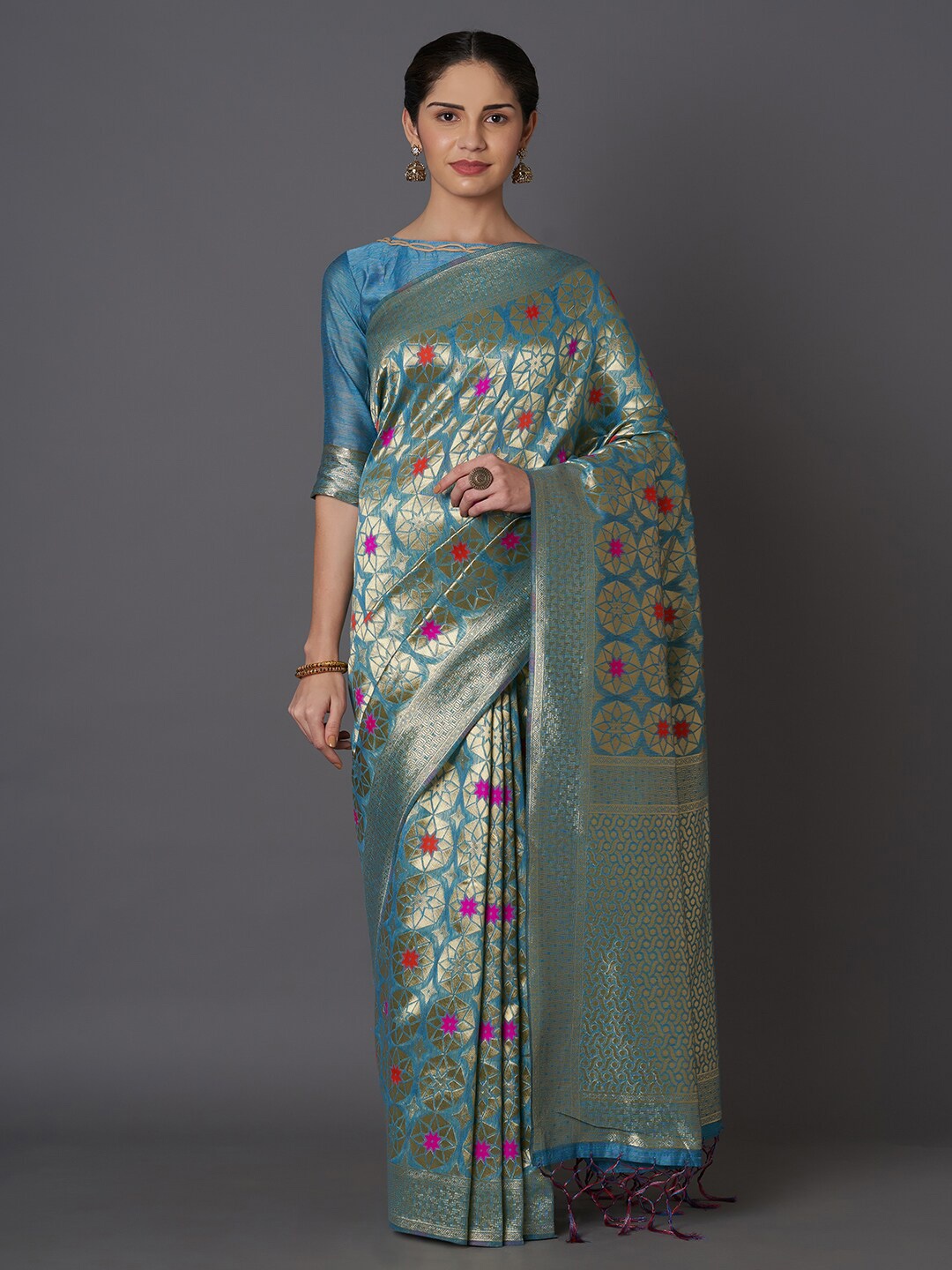 

Mitera Turquoise Blue & Gold-Toned Floral Zari Silk Blend Kasavu Saree