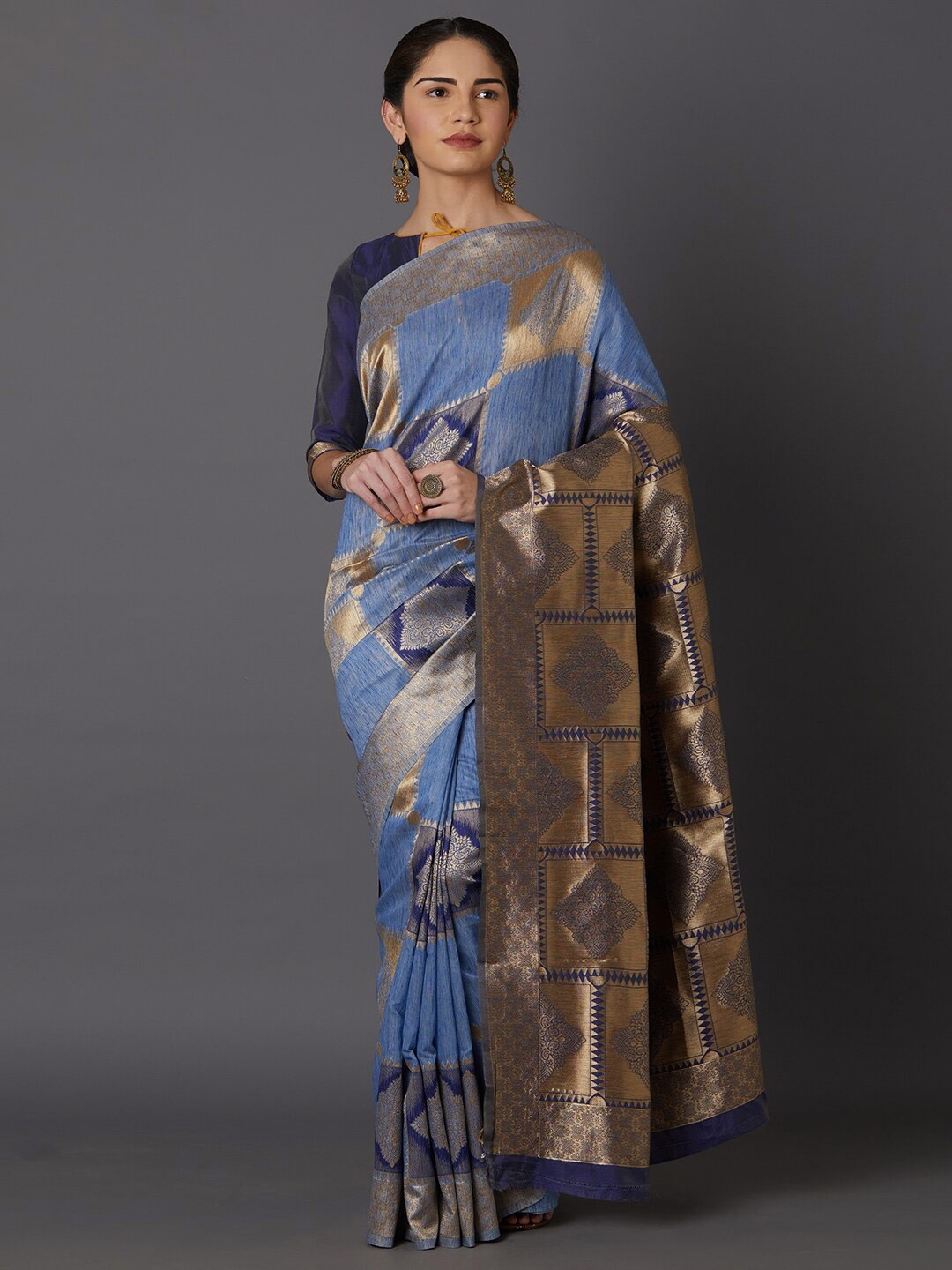 

Mitera Blue & Gold-Toned Woven Design Zari Silk Blend Kasavu Saree