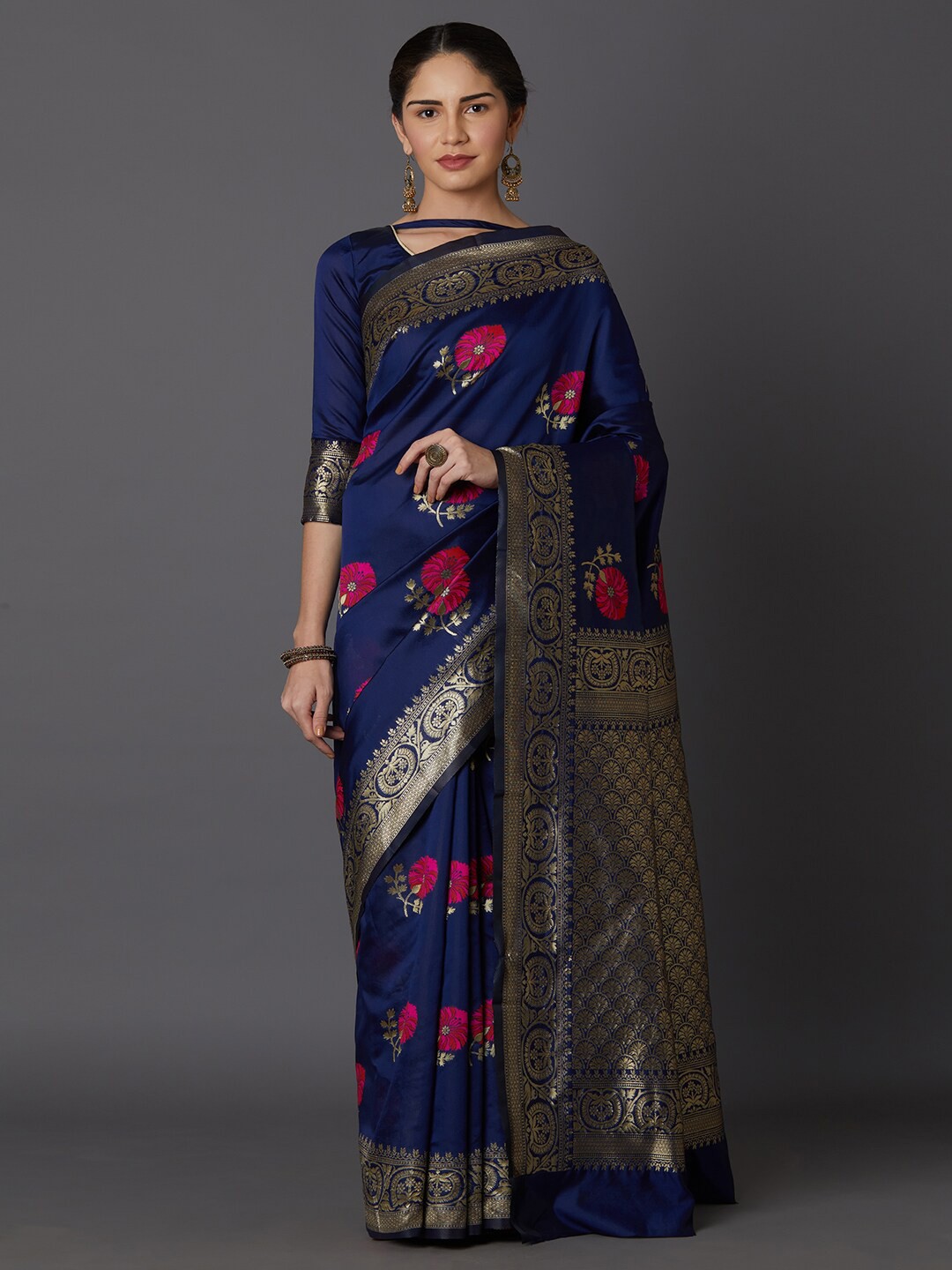 

Mitera Women Navy Blue & Pink Woven Design Zari Silk Blend Kanjeevaram Saree