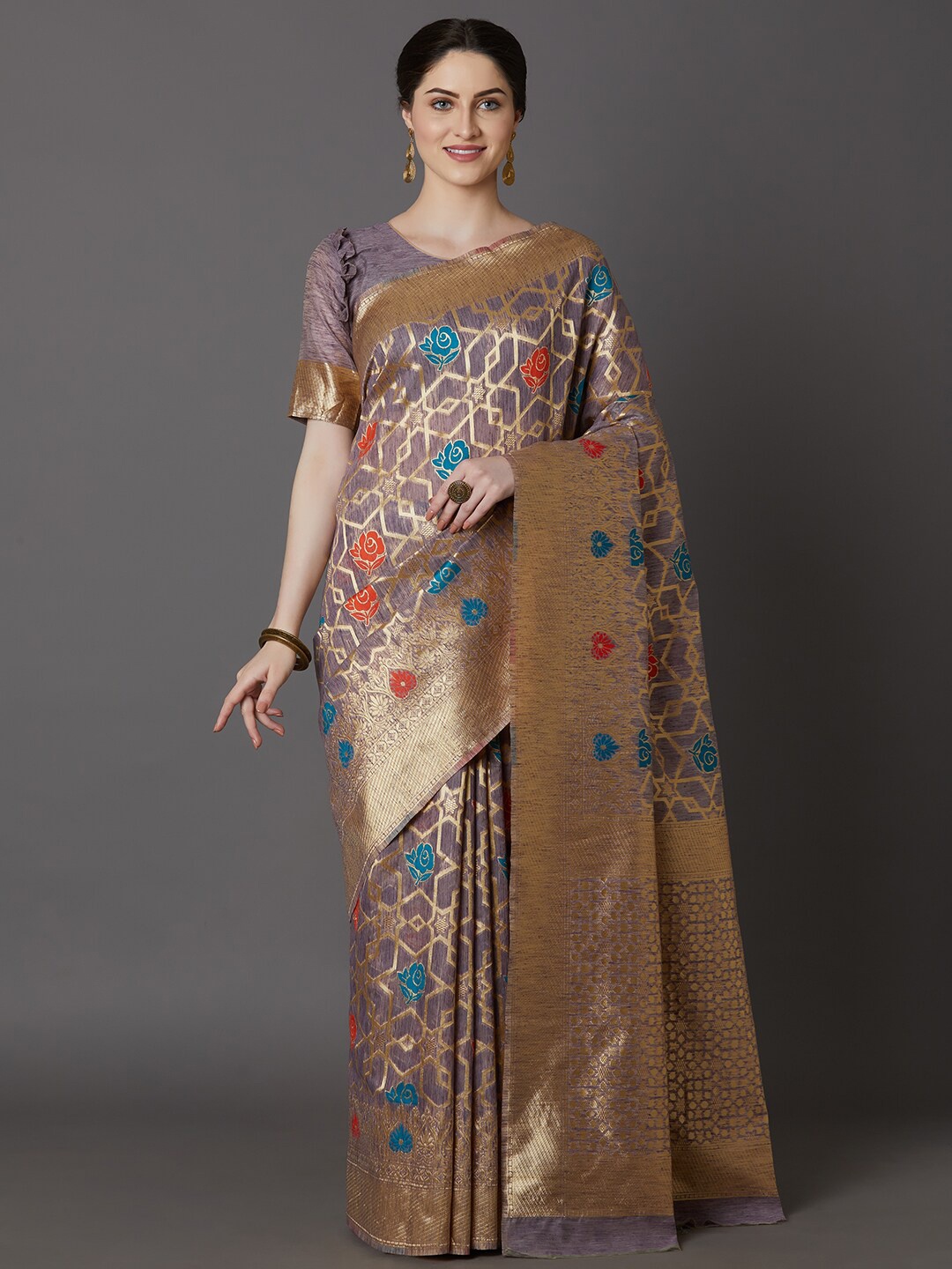 

Mitera Gold-Toned Ethnic Motifs Zari Khandua Silk Dharmavaram Saree