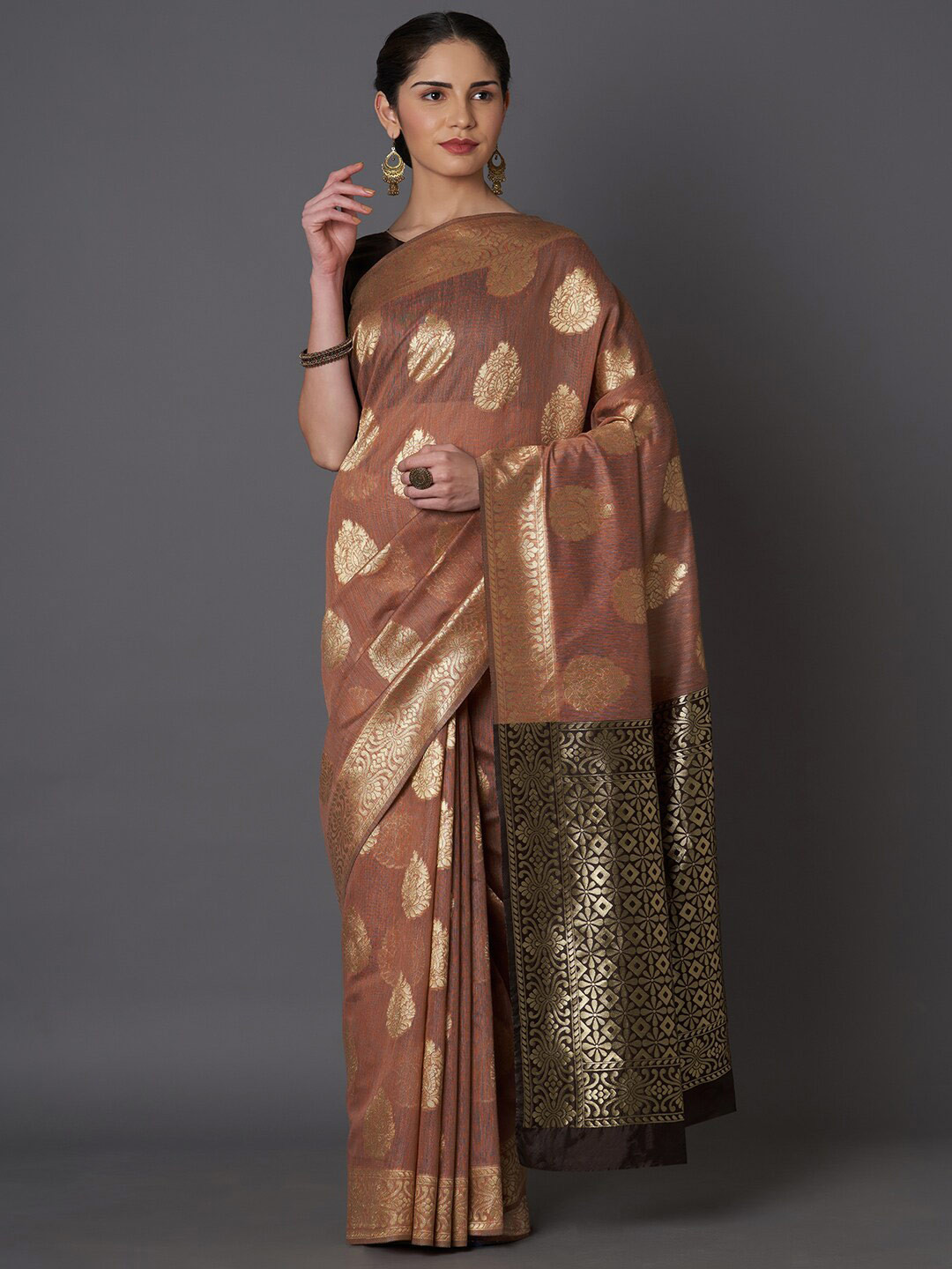 

Mitera Brown & Gold-Toned Zari Art Silk Banarasi Saree