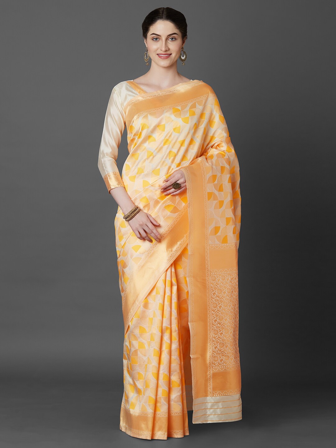 

Mitera Peach-Coloured & Silver-Toned Woven Design Zari Art Silk Banarasi Saree