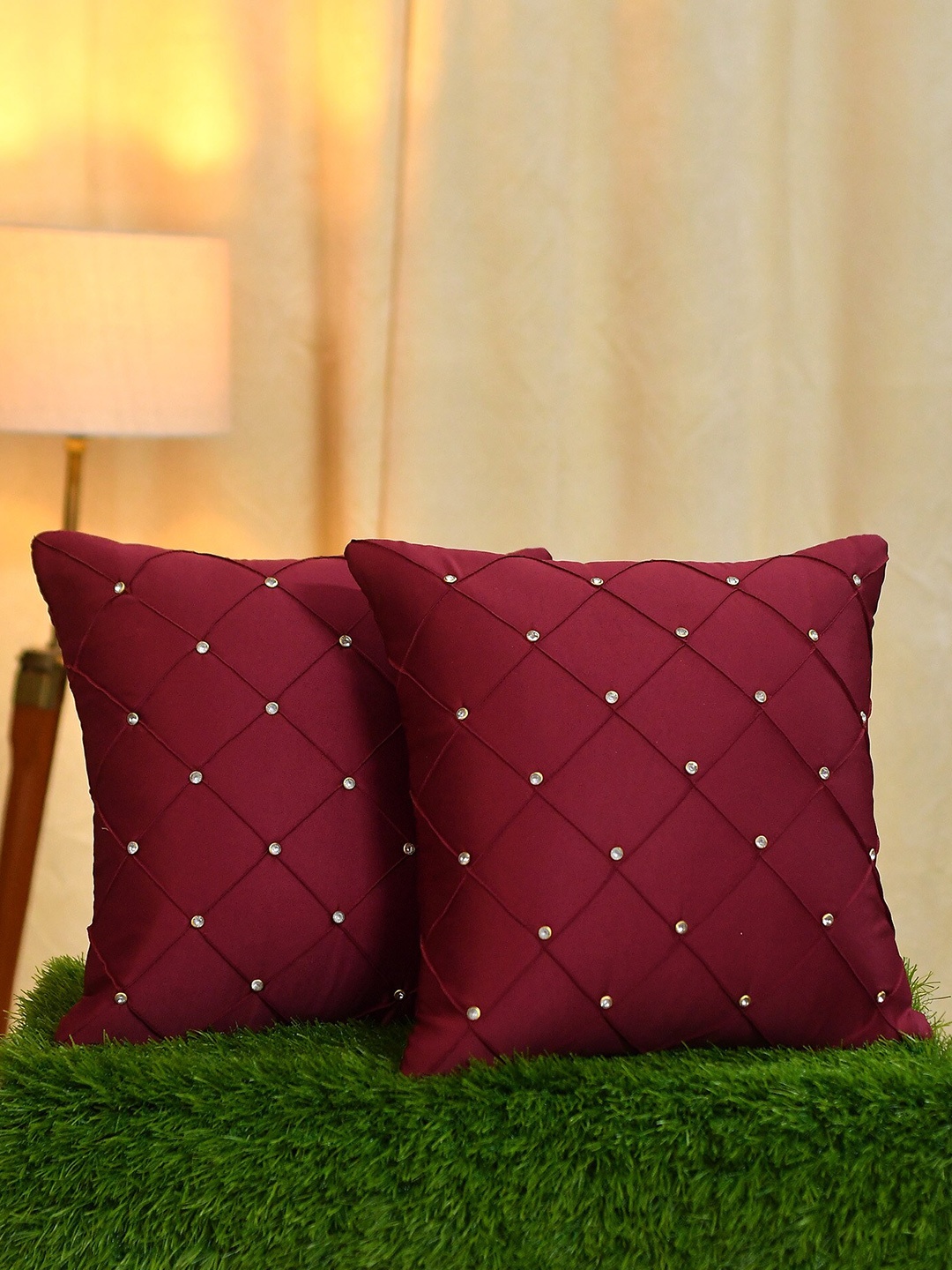 

Molly & Michel Maroon & Silver-Toned Set Of 2 Velvet Square Cushion Covers