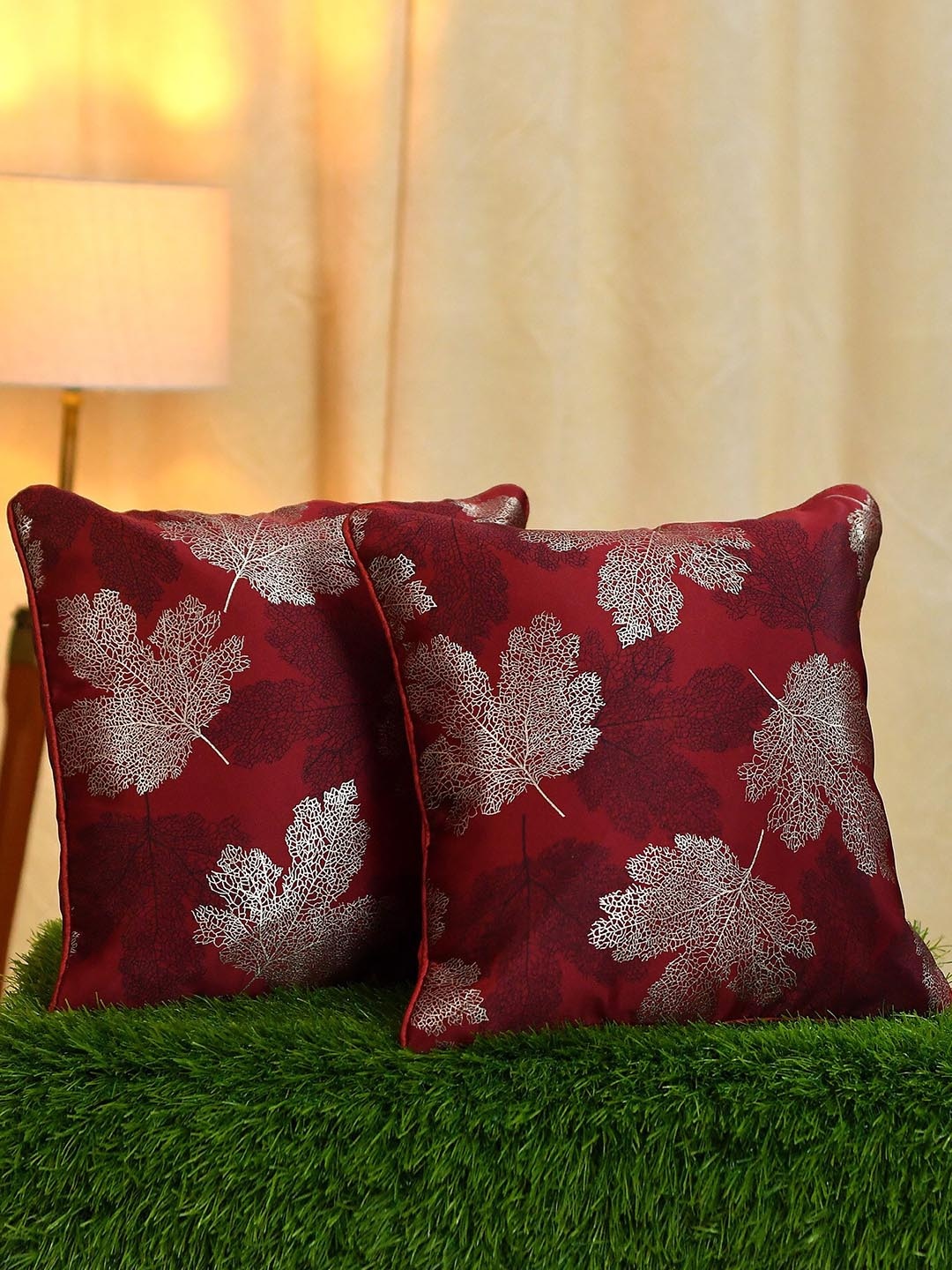 

Molly & Michel Maroon & White Set of 2 Ethnic Motifs Velvet Square Cushion Covers