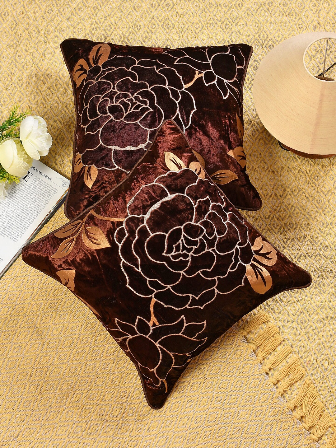 

Molly & Michel Brown & Gold-Toned Set of 2 Floral Velvet Square Cushion Covers