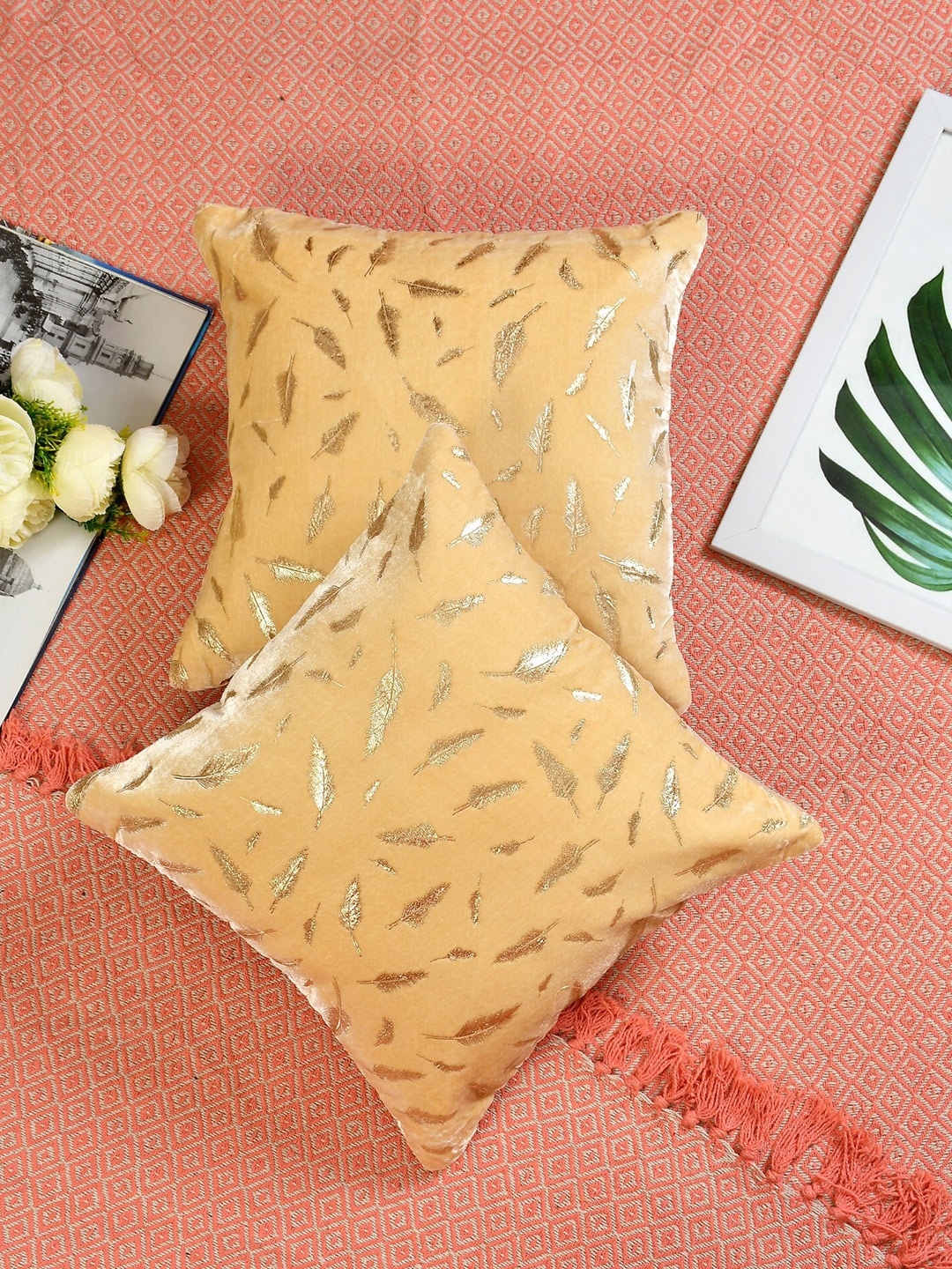 

Molly & Michel Beige & Gold-Toned Set of 2 Floral Velvet Square Cushion Covers