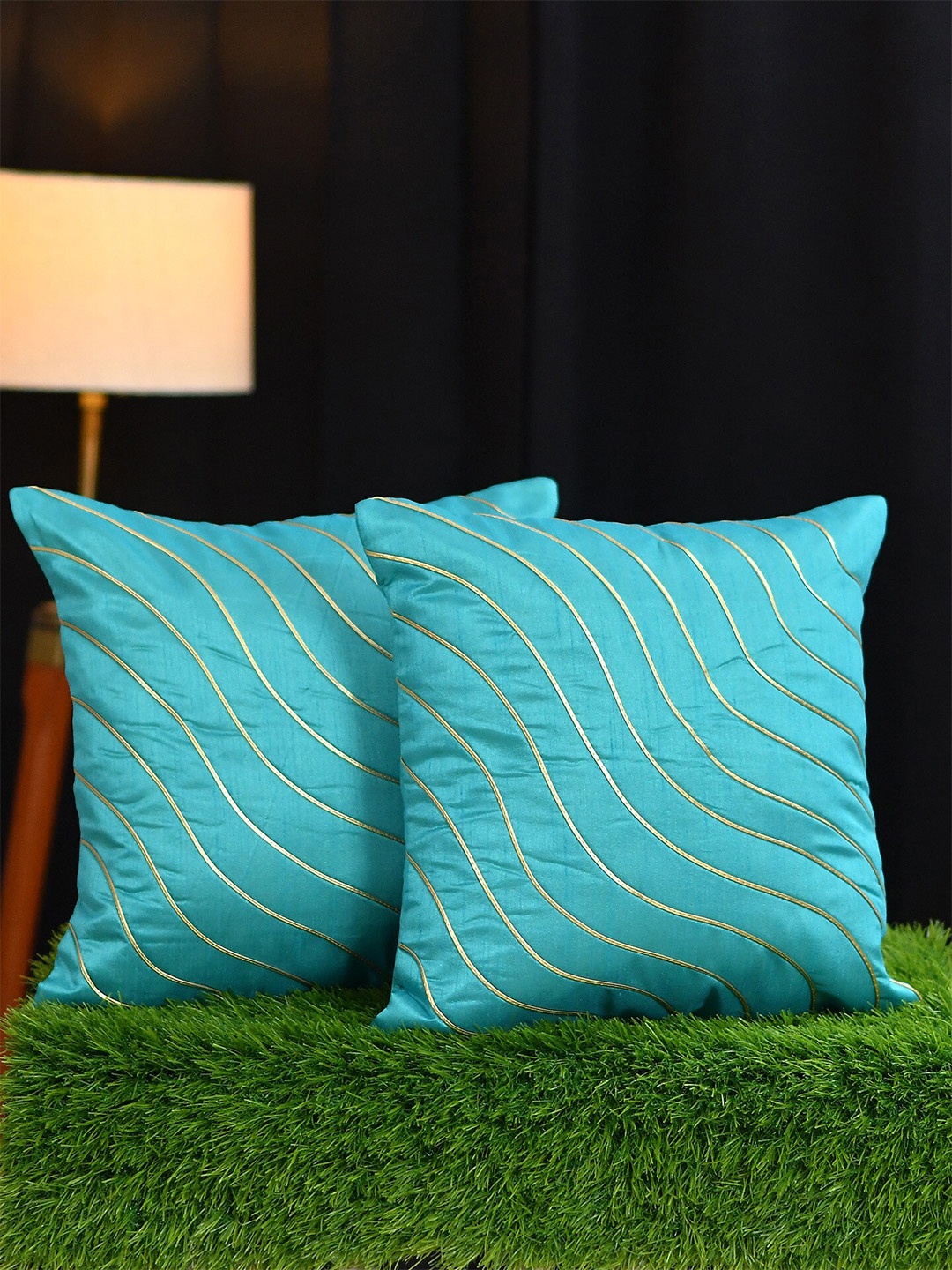 

Molly & Michel Pack of 2 Turquoise Blue & Beige Abstract Velvet Square Cushion Covers