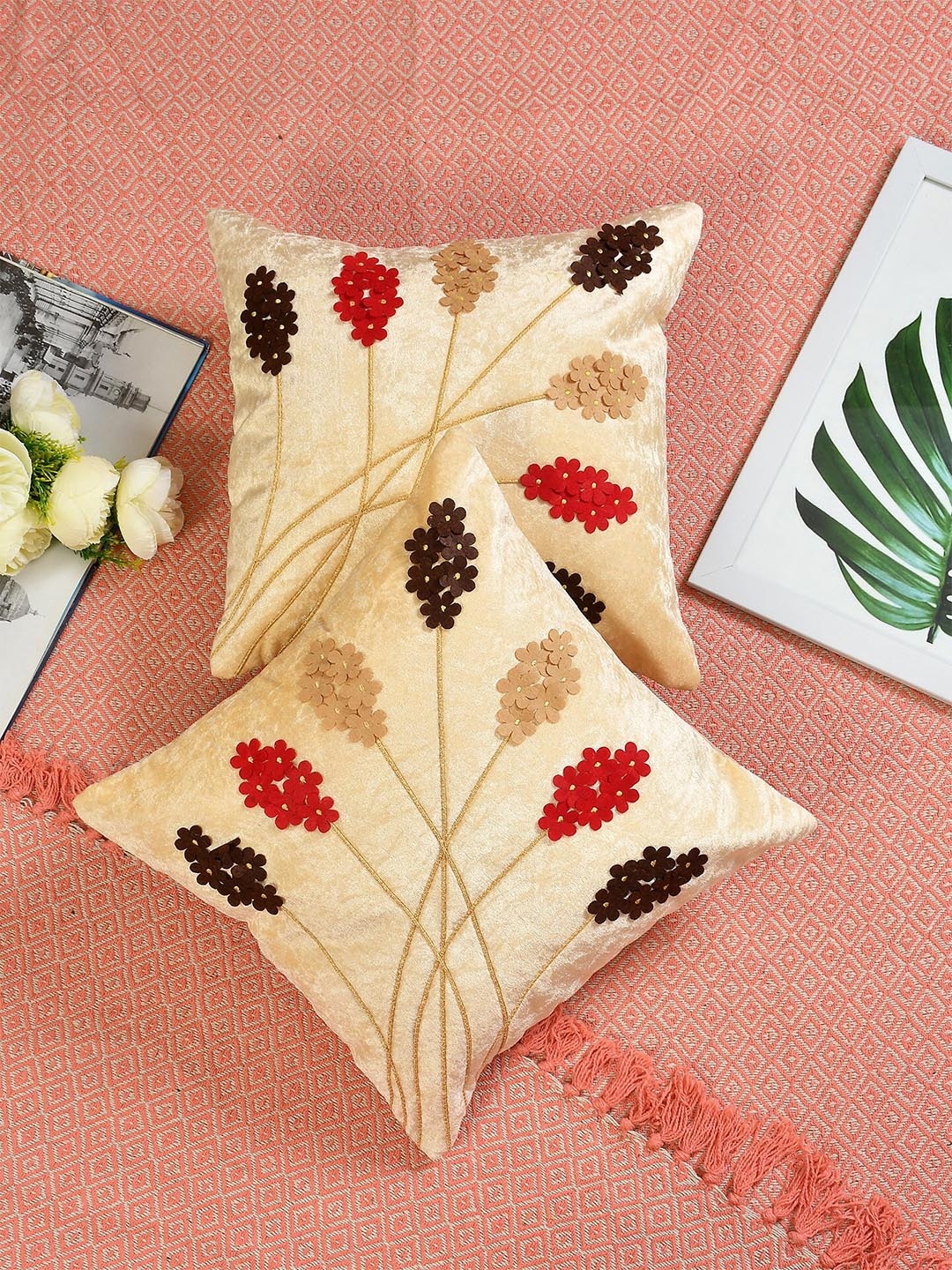 

Molly & Michel Beige & Red Set of 2 Embellished Velvet Square Cushion Covers