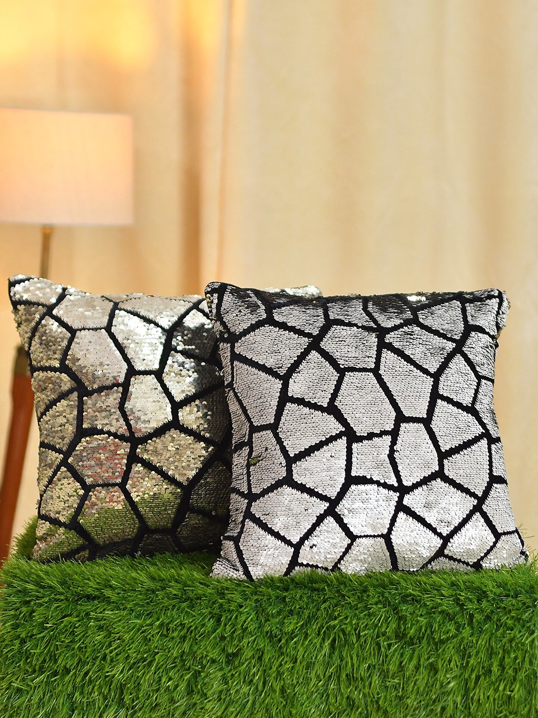 

Molly & Michel Gold-Toned & Silver-Toned Set of 2 Geometric Velvet Square Cushion Covers