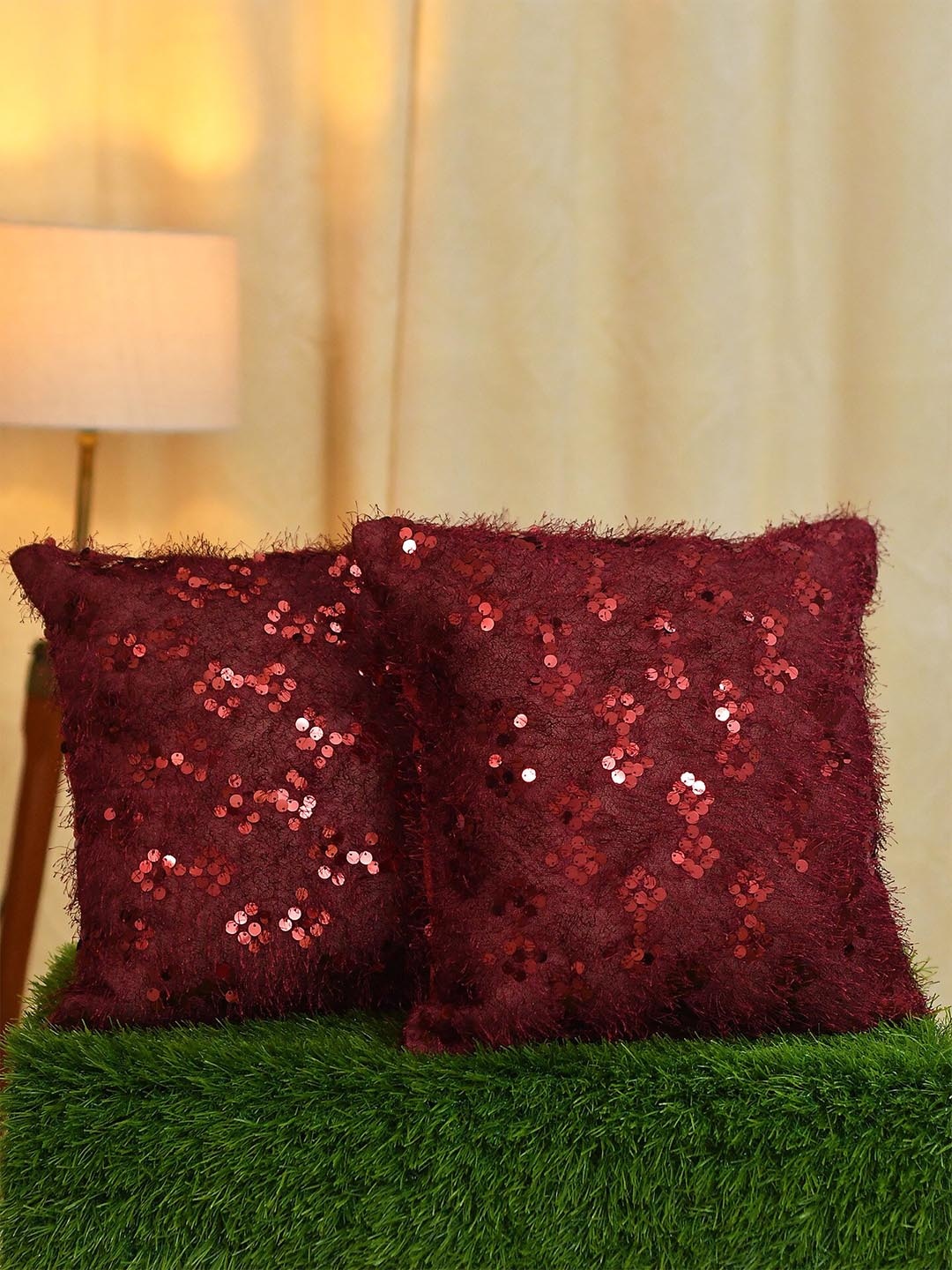 

Molly & Michel Maroon Set of 2 Embellished Velvet Square Cushion Covers