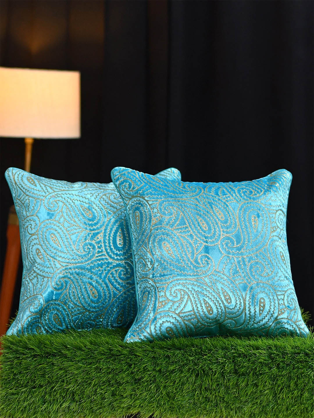 

Molly & Michel Pack of 2 Turquoise Blue & Beige Printed Velvet Square Cushion Covers