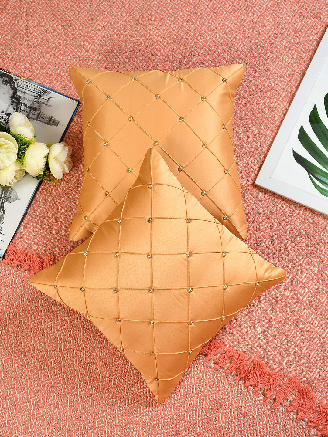 

Molly & Michel Beige & Gold-Toned Set of 2 Geometric Velvet Square Cushion Covers