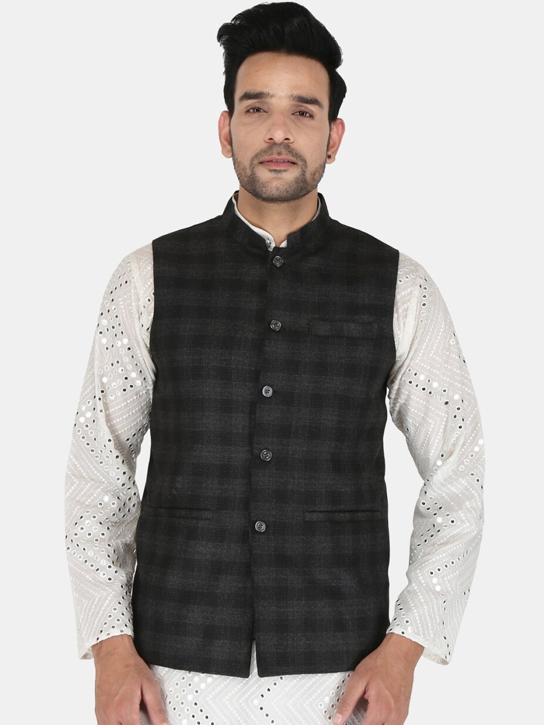 

UNCRAZY Men Charcoal Grey Checked Nehru Jacket