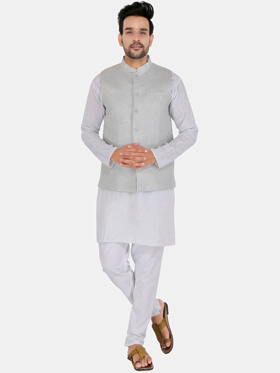 

UNCRAZY Men Silver-Coloured Solid Cotton Nehru Jackets