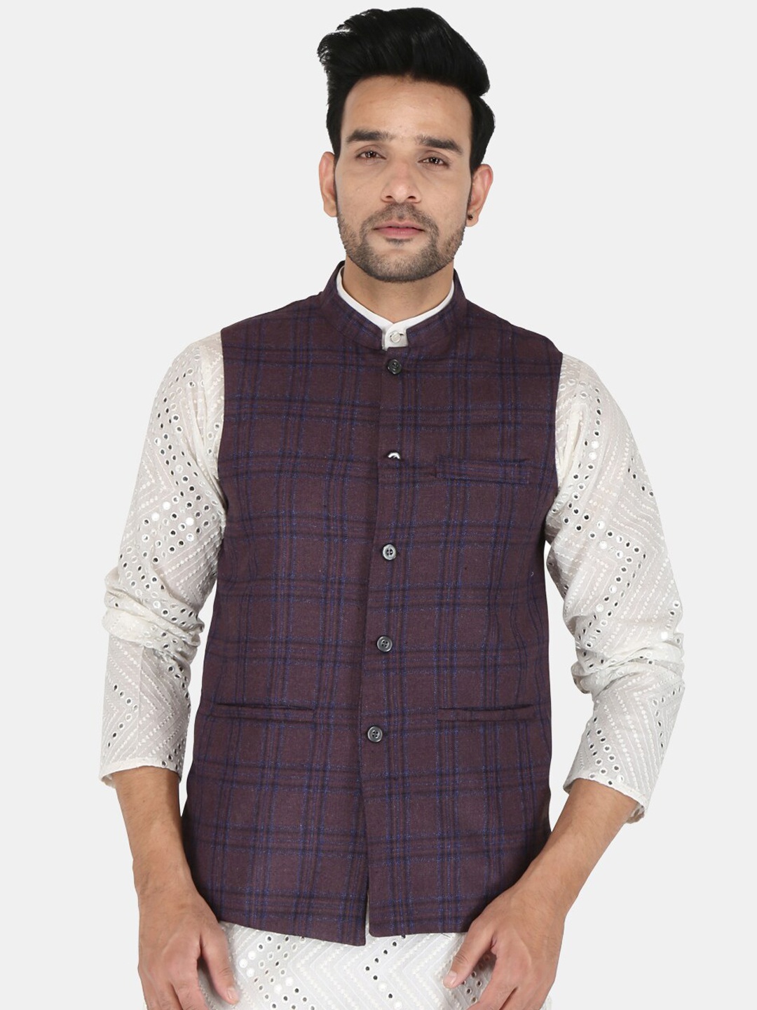 

UNCRAZY Men Purple Checked Nehru Jackets