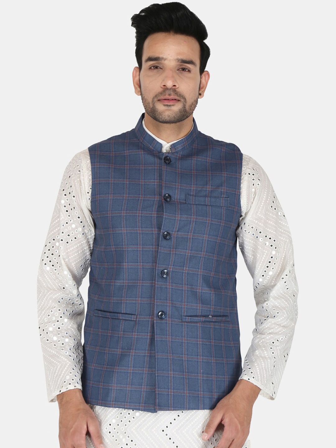 

UNCRAZY Men Blue Checked Nehru Jackets