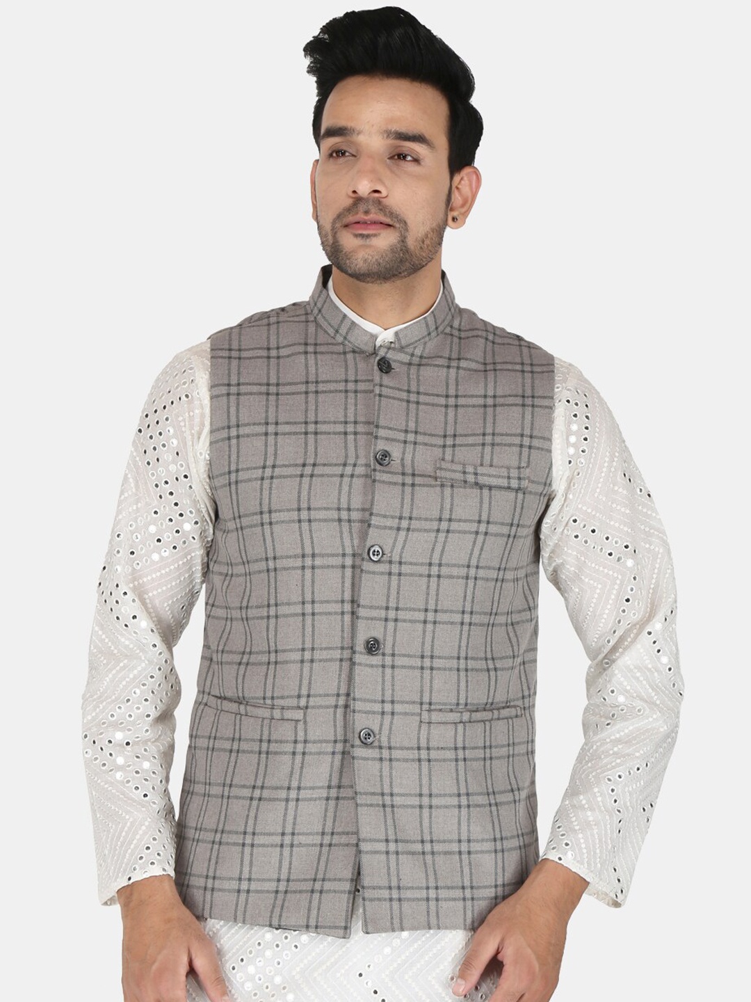 

UNCRAZY Men Grey Checked Nehru Jackets