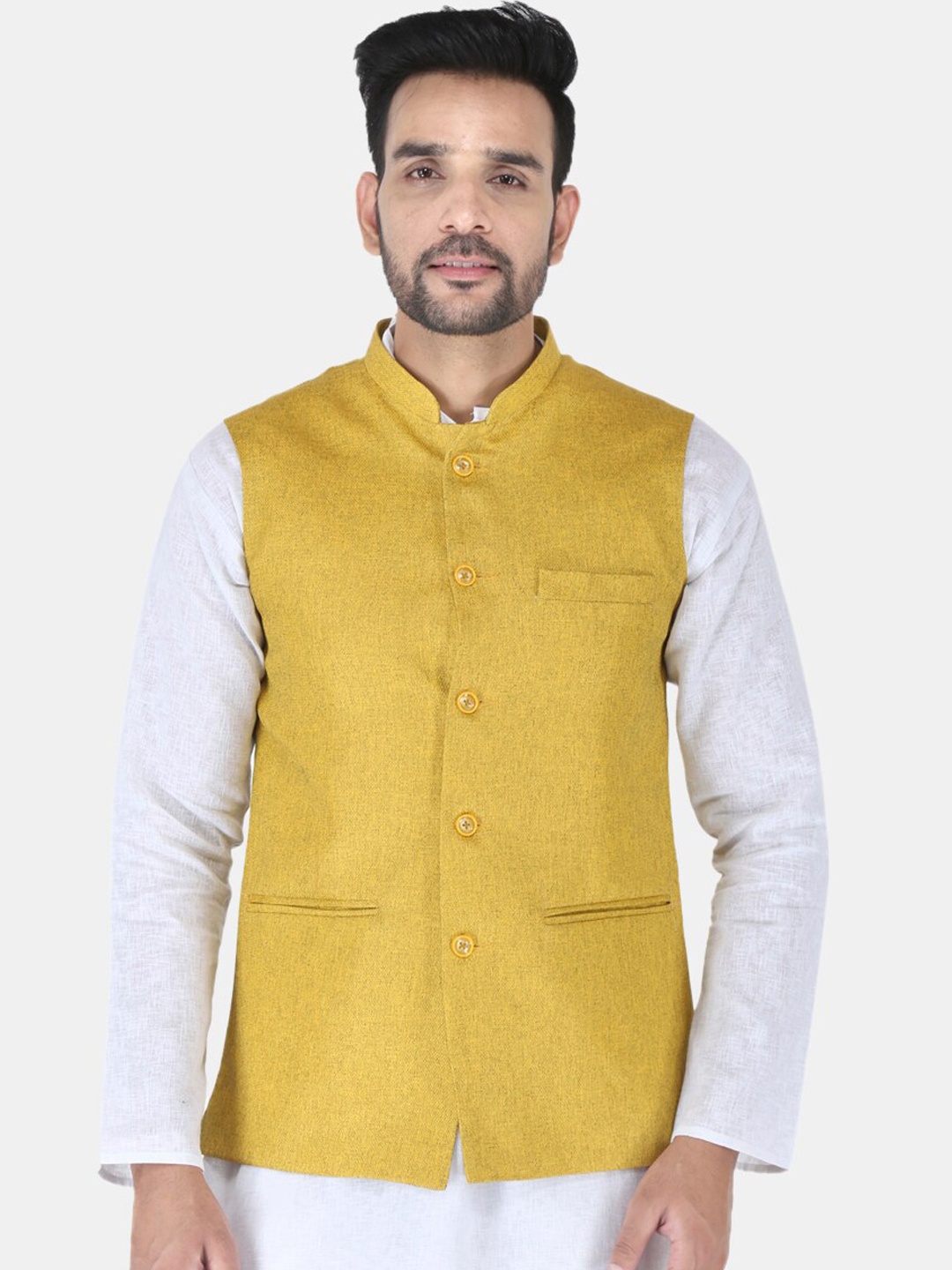 

UNCRAZY Men Mustard Yellow Solid Nehru Jackets
