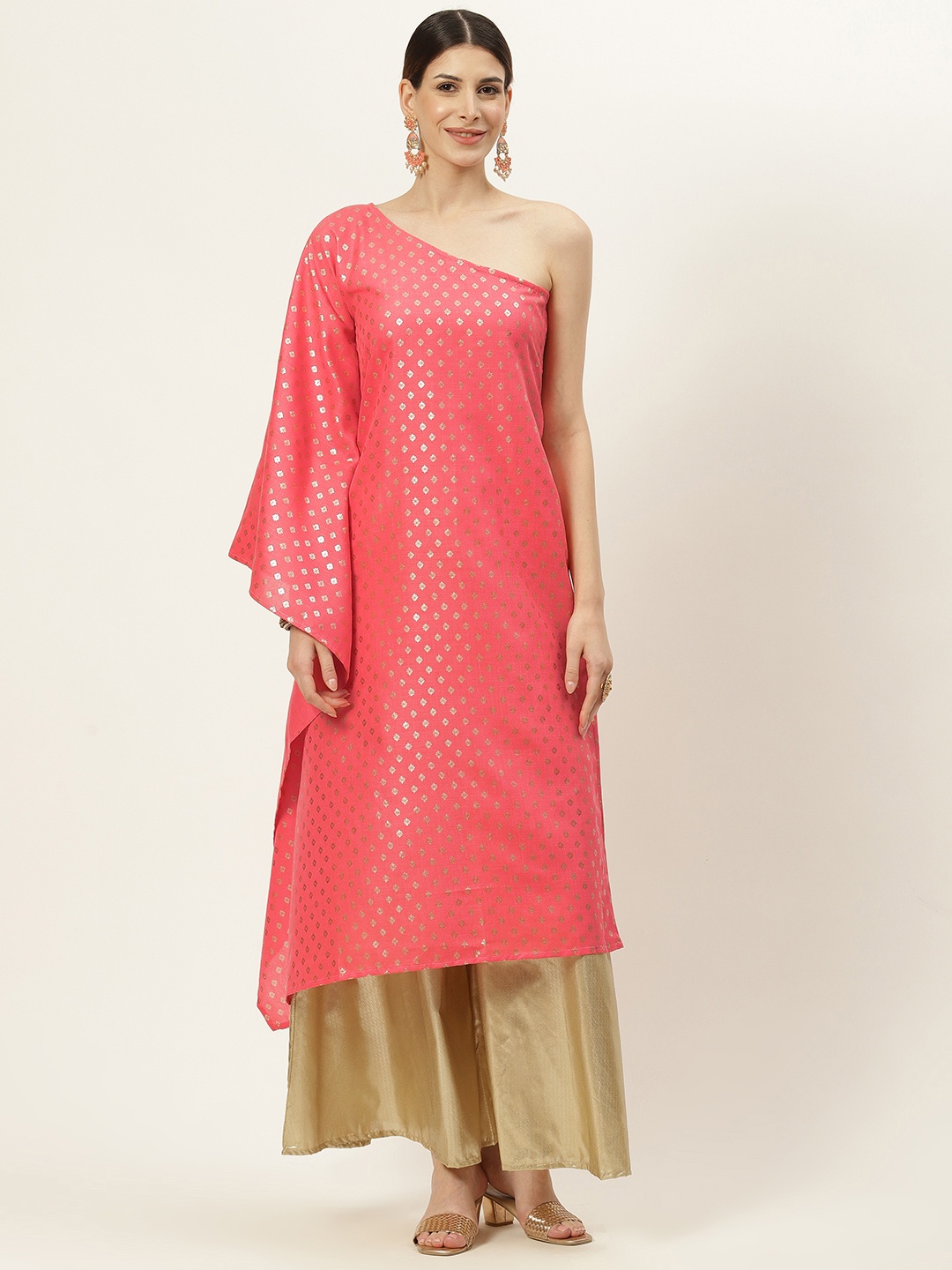 

InWeave Women Peach-Coloured & Golden Woven Design Kaftan Kurta with Palazzos