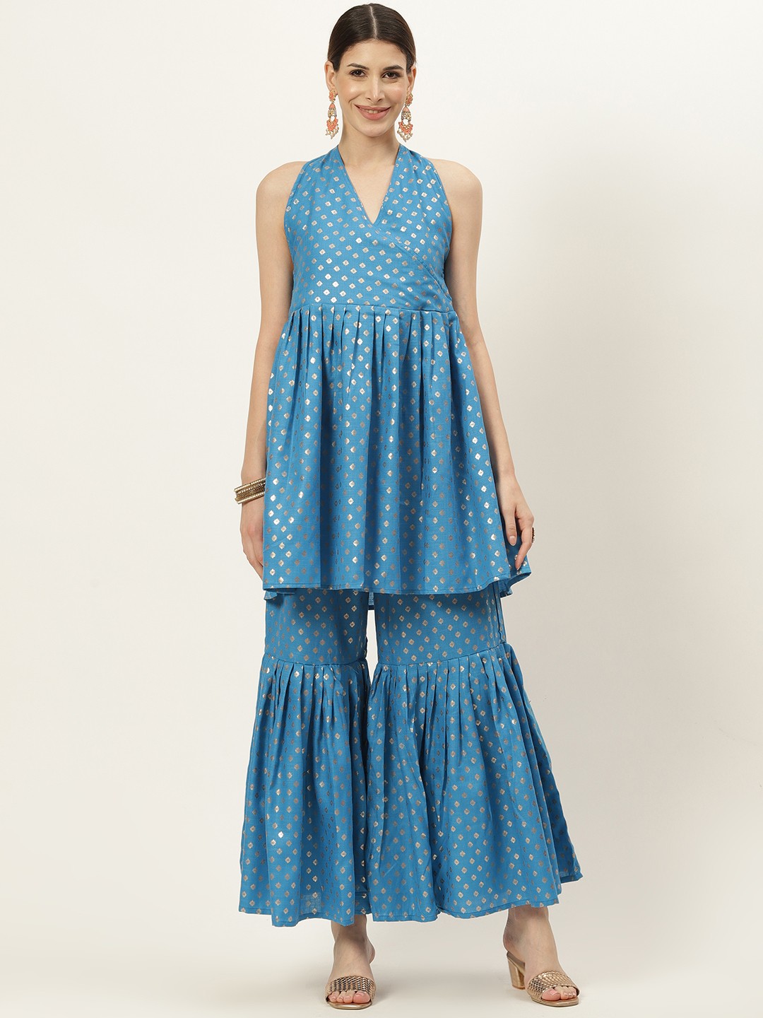 

InWeave Women Blue & Golden Woven Design Kurta with Sharara