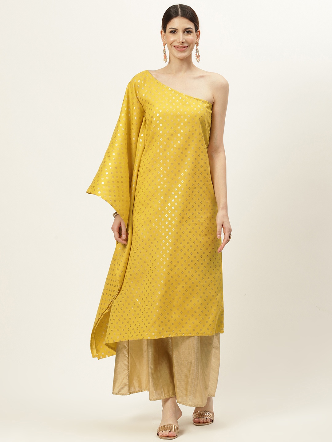 

InWeave Women Mustard Yellow & Golden Woven Design Kaftan Kurta with Palazzos
