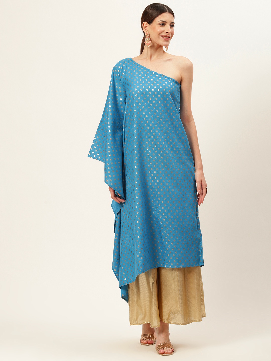 

InWeave Women Blue & Golden Woven Design Kaftan Kurta with Palazzos