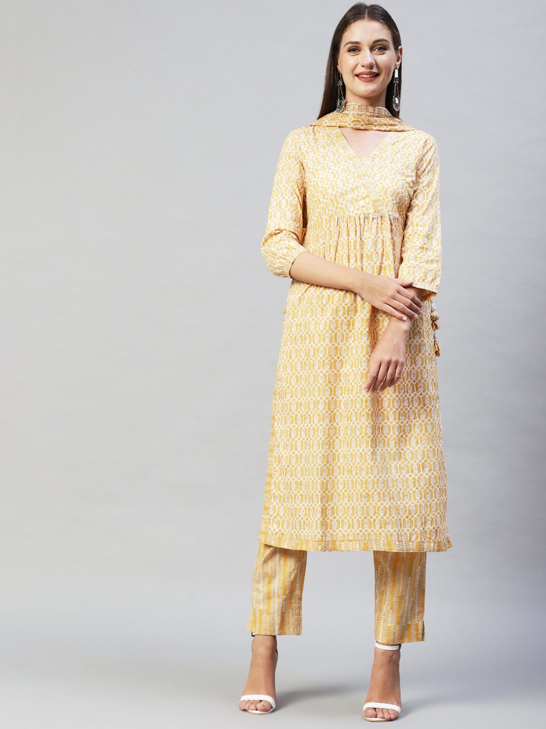 

FASHOR Women Yellow Ethnic Motifs Angrakha Pure Cotton Kurta with Trousers & With Dupatta