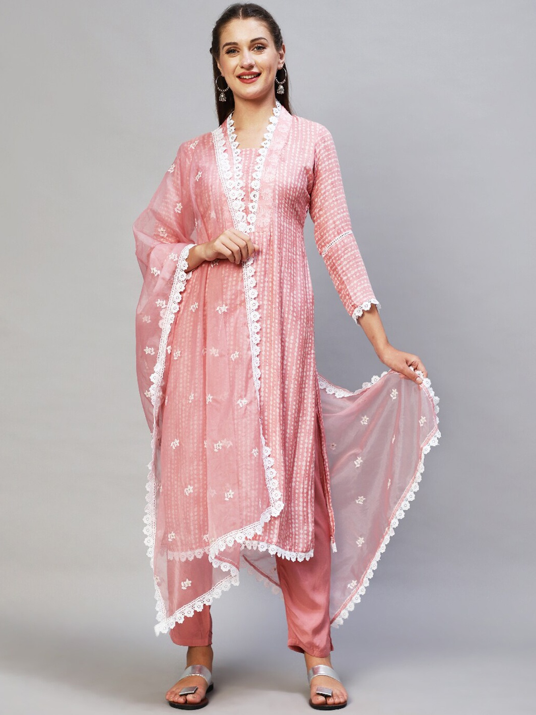 

FASHOR Women Pink Floral Printed Kurta with Trousers & With Dupatta