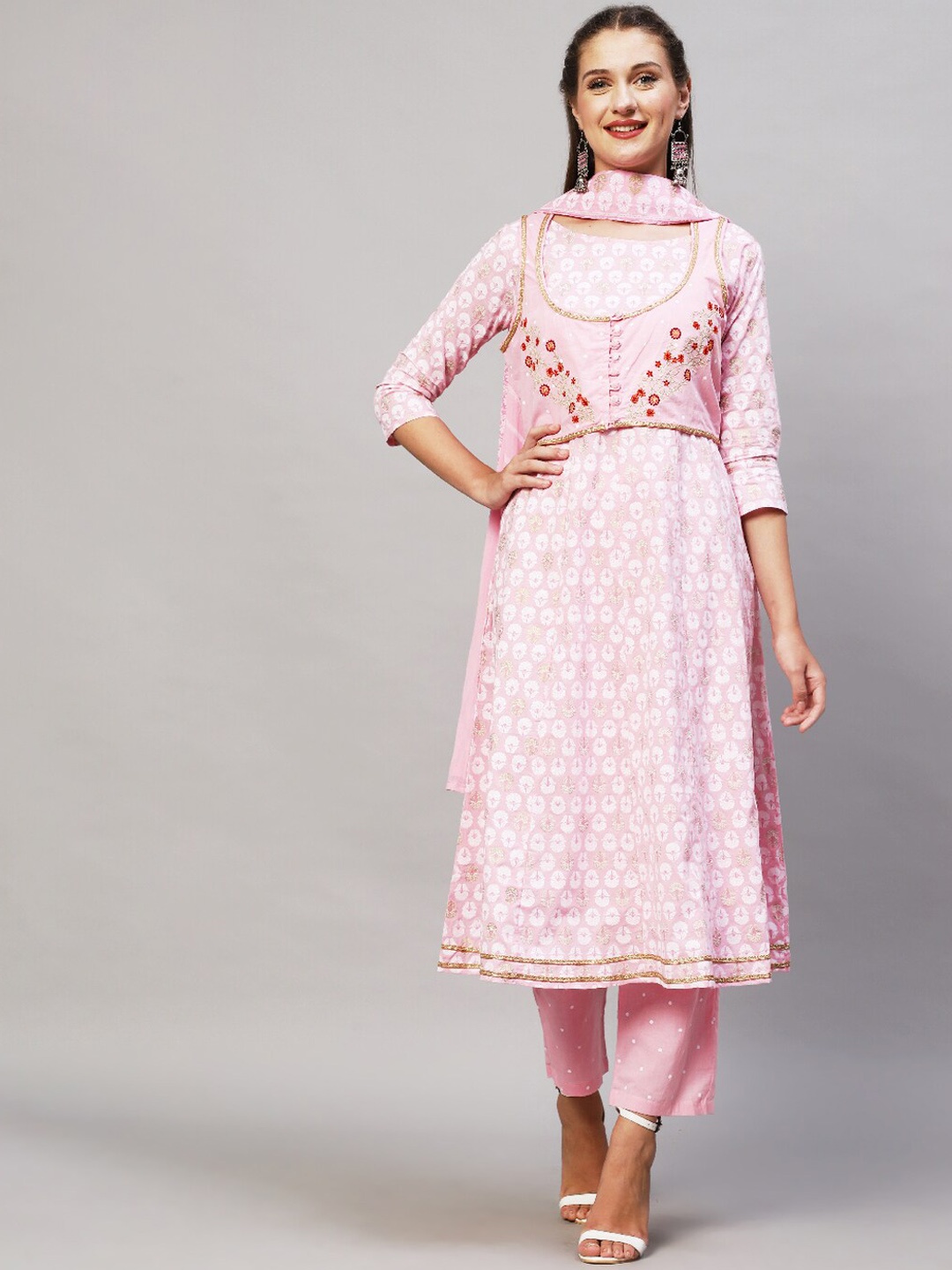 

FASHOR Women Pink Floral Printed Pure Cotton Kurti With Trousers & Dupatta