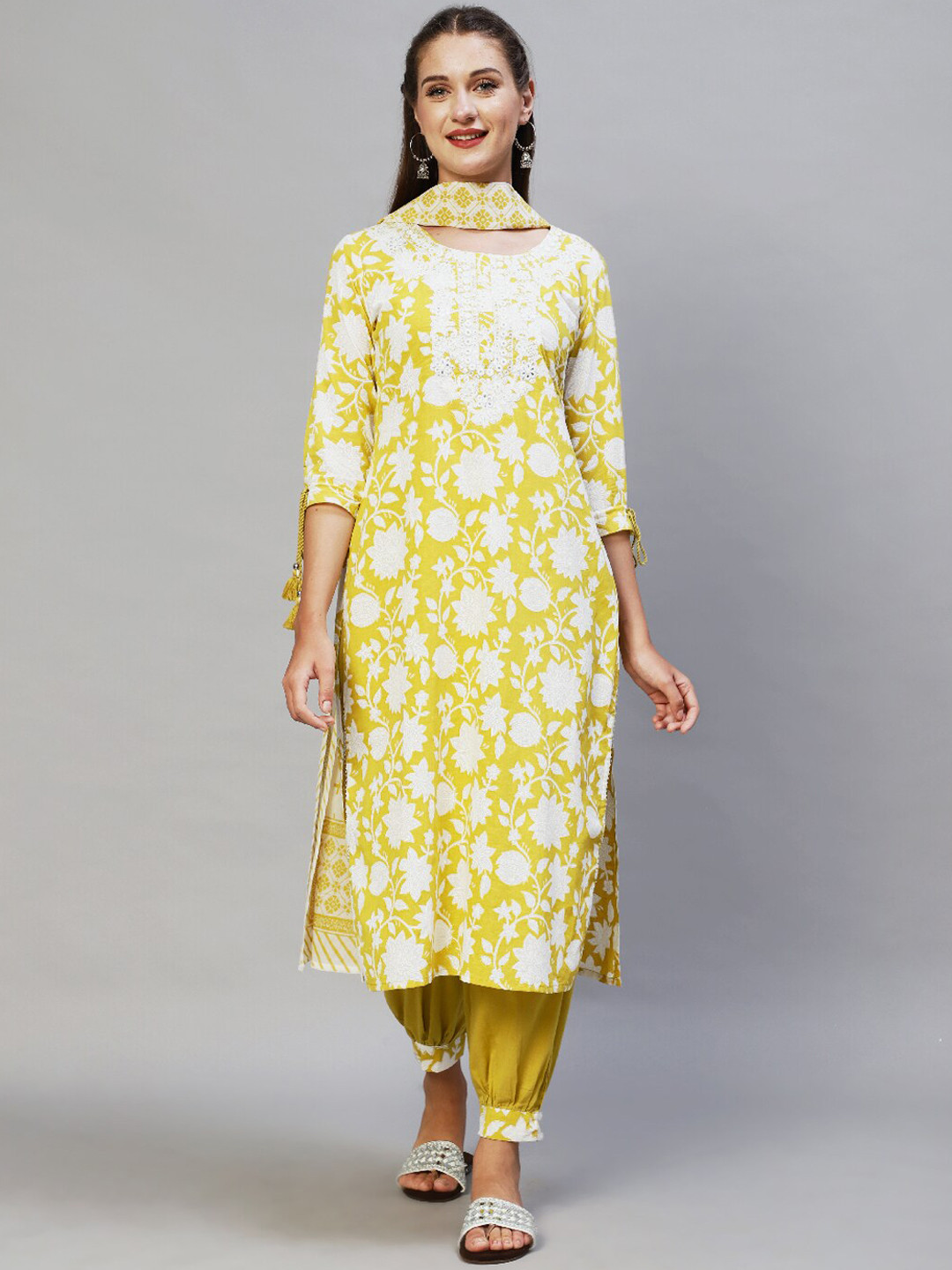 

FASHOR Women Mustard Yellow Floral Embroidered Pure Cotton Kurta with Salwar & With Dupatta