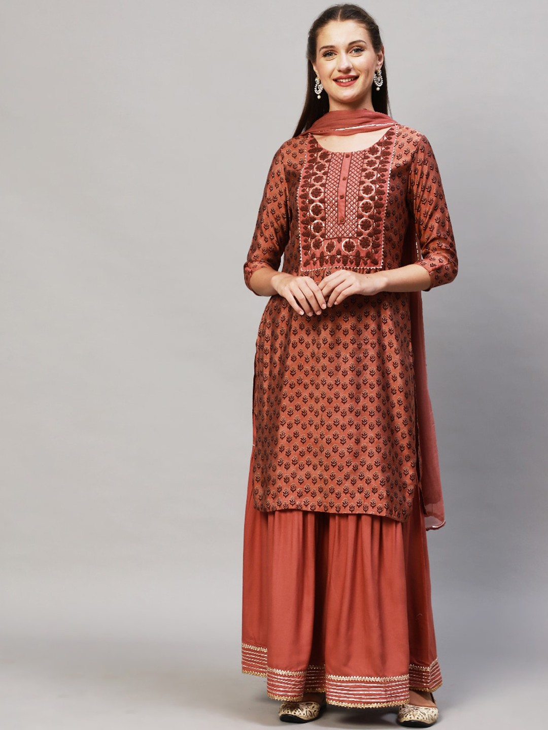 

FASHOR Women Rust Embroidered Kurta with Sharara & With Dupatta