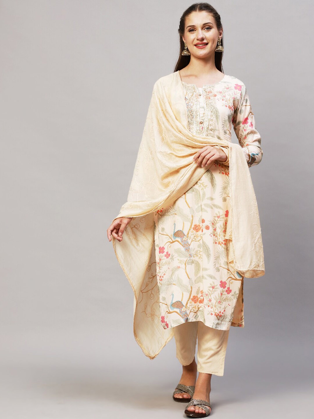 

FASHOR Women Cream-Coloured Floral Printed Sequinned Kurti with Trousers & With Dupatta