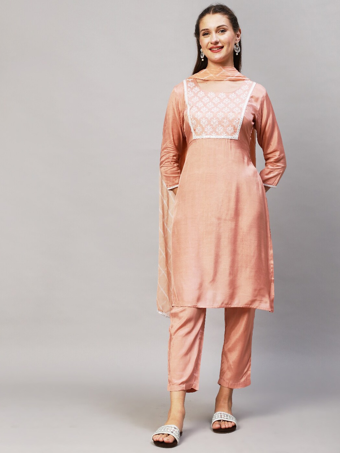 

FASHOR Women Pink Embroidered And Mirror Work Yoke Design Kurta With Trouser & Dupatta