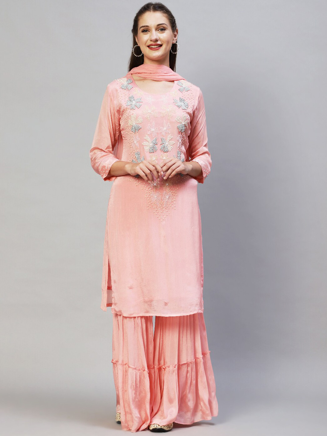

FASHOR Women Pink Floral Embroidered Thread Work Silk Chiffon Kurta with Sharara & With Dupatta