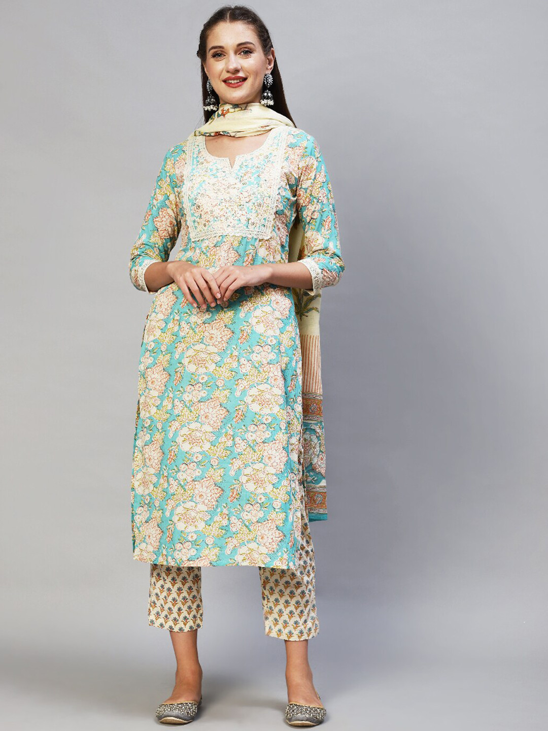 

FASHOR Women Blue Ethnic Motifs Printed Pure Cotton Kurta with Trousers & With Dupatta