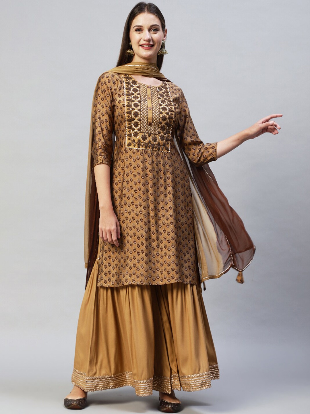 

FASHOR Women Brown Ethnic Motifs Printed Sequinned Kurti with Sharara & With Dupatta