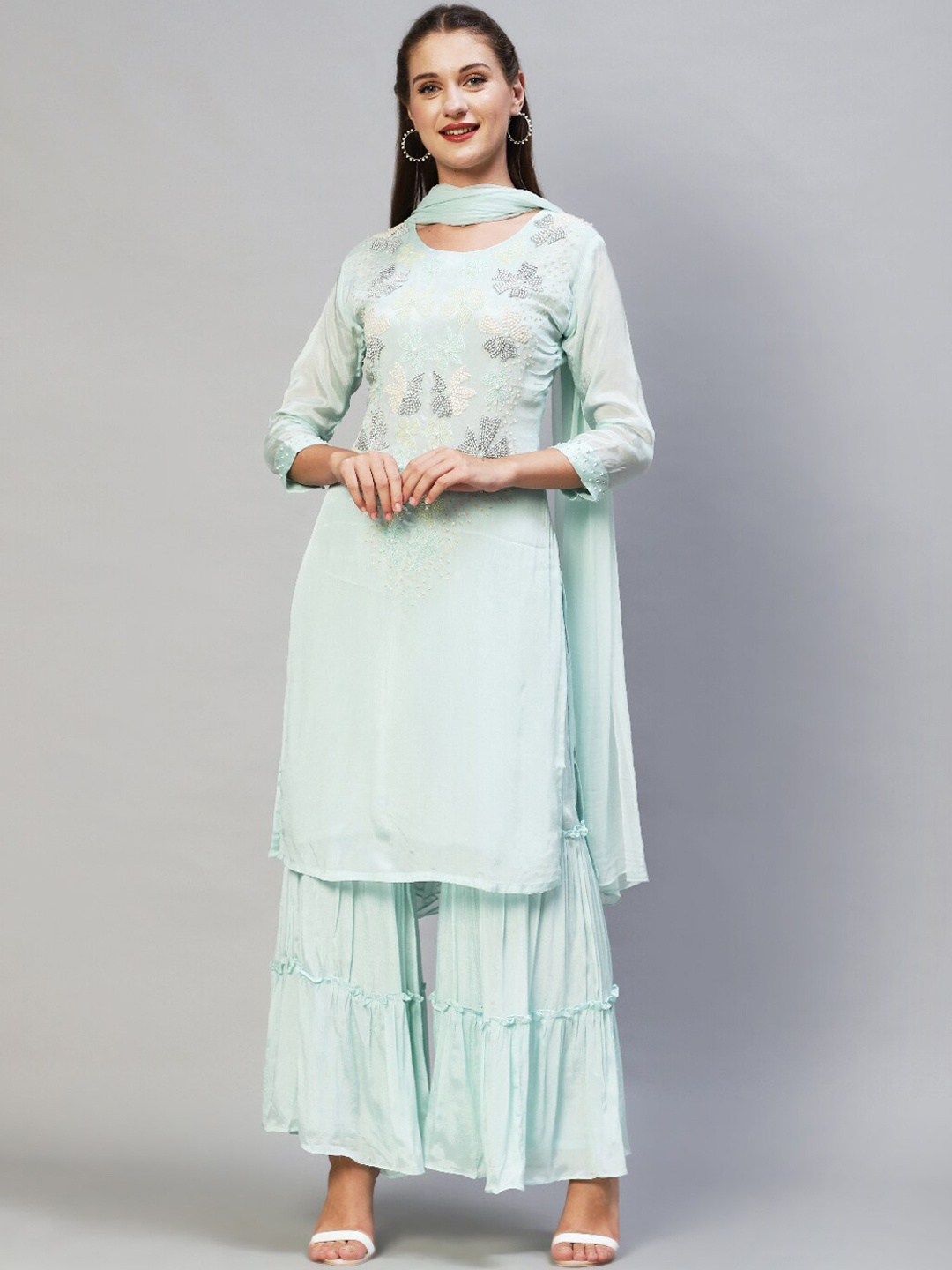 

FASHOR Women Green Floral Printed Sequinned Silk Chiffon Kurta with Sharara & With Dupatta